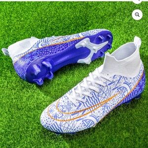 White and Blue Soccer Cleats with Gold Accents